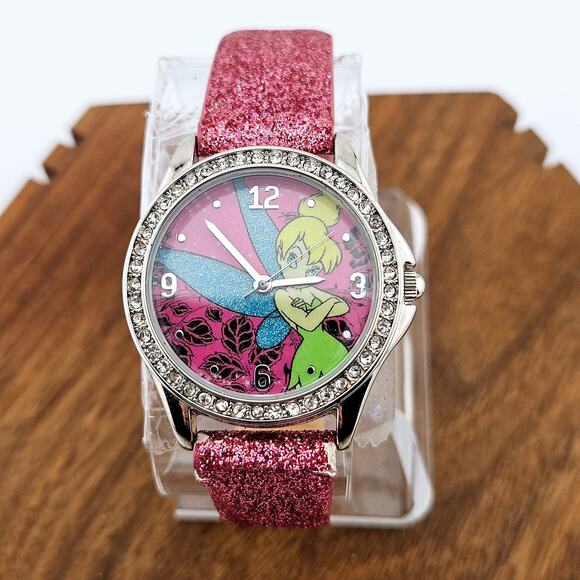Disney Tinkerbell Fairy Girls Watch Rhinestone Bezel Pink Glitter Band Cutesy - Picture 1 of 7